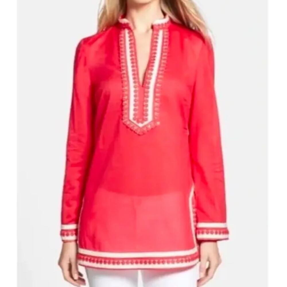 Tory Burch Long Sleeve Cotton Tunic in Carnival Red